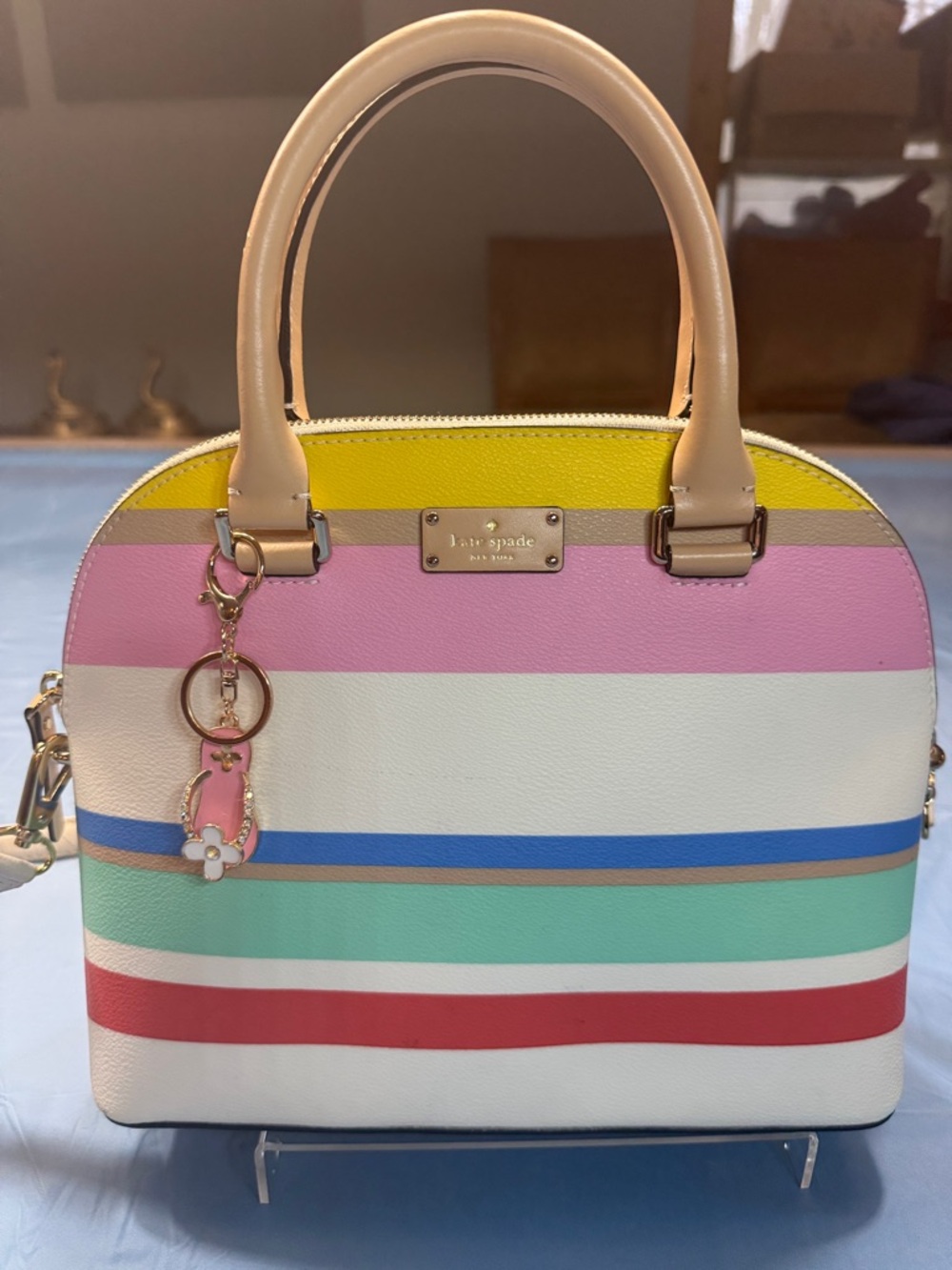 Kate Spade Rare Vintage Multicolor Striped Satchel with key charm